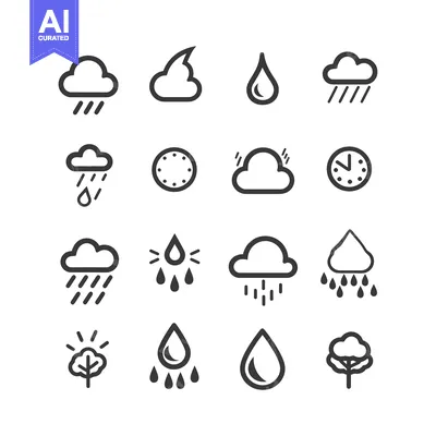 Set of 16 Weather Icons: Rain, Clouds, and Drops