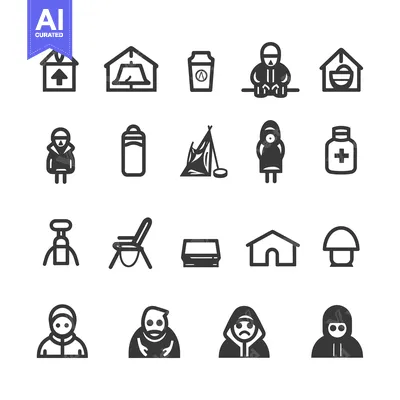 Set of 18 Camping Icons Including Shelter, Equipment, and People