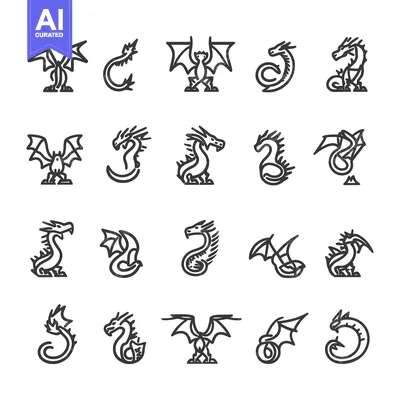 Aset premium populer: Set of 18 Dragon Line Icons in Different Poses