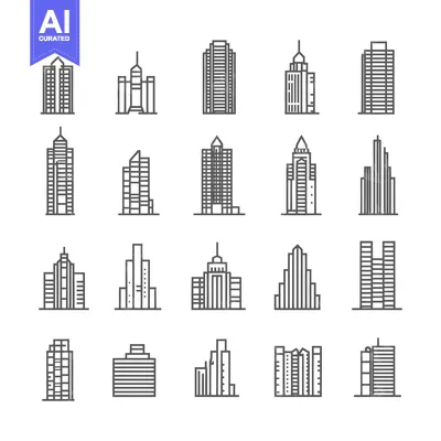Set of 18 Line Art Skyscraper Building Icons