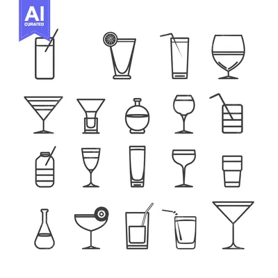Aset premium populer: Set of 18 Line Icons of Different Glassware for Drinks