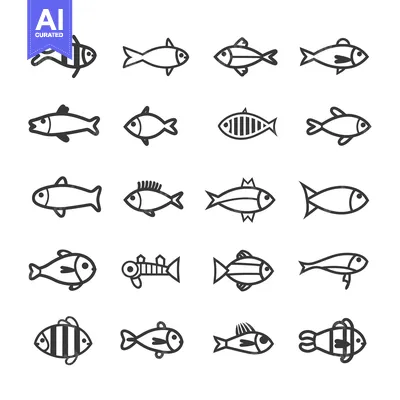 Aset desain premium: Set of 18 Simple Line Drawings of Fish in Various Styles