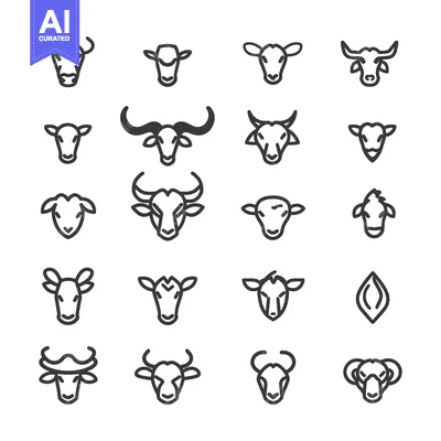 Aset premium populer: Set of 19 Line Icons of Different Cattle Animal Heads