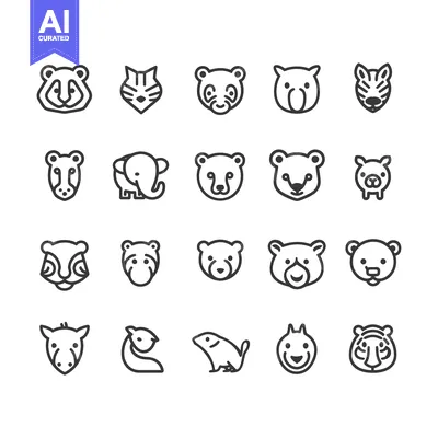 Aset premium populer: Set of 20 Animal Head Icons in Black and White Line Style
