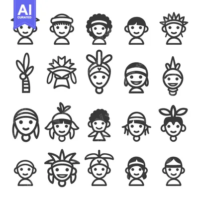 Aset desain premium: Set of 20 Black and White  Cartoon People with Different Hairstyles an