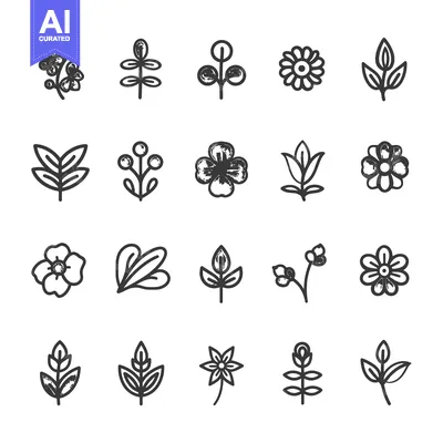 Popular premium asset: Set of 20 Black and White Floral Icons with Leaves, Stems, and Flowers