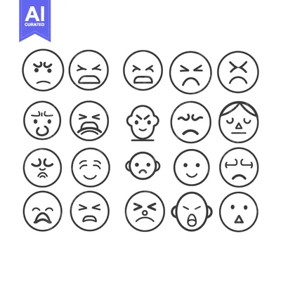 Aset desain premium: Set of 20 Black and White Line Drawn Emojis with Negative Expressions
