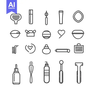 Set of 20 black and white outline icons for personal care and hygiene