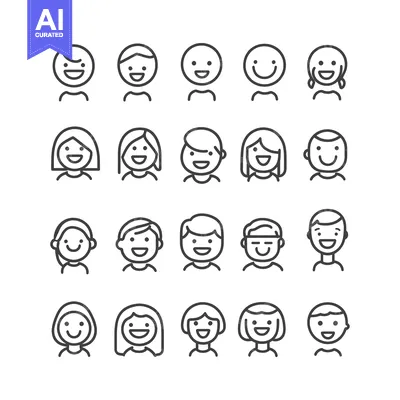 Premium design asset: Set of 20 Diverse Smiling Faces, Line Art Icons