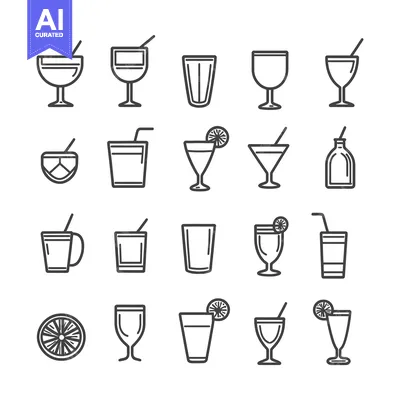 Set of 20 Hand Drawn Drink Icons with Straws and Citrus