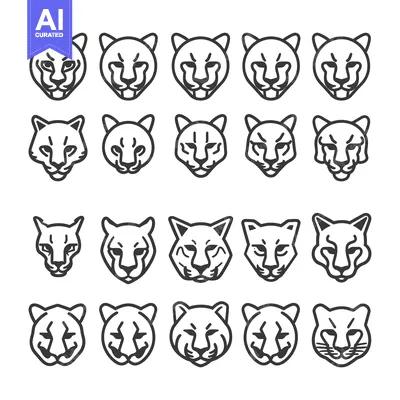 Aset premium populer: Set of 20 Line Art Cougar, Puma, Mountain Lion Heads