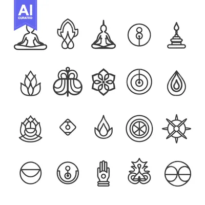 Set of 20 Line Art Icons of Spiritual and Yoga Symbols