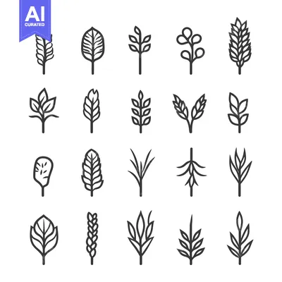 Aset desain premium: Set of 20 Line Art Icons Representing Different Types of Leaves and Pl