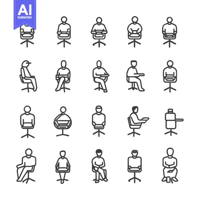 Premium design asset: Set of 20 line icons depicting people sitting on different office chai