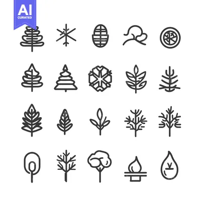 Aset desain premium: Set of 20 Line Icons Featuring Different Tree and Leaf Shapes