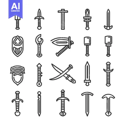 Set of 20 Line Icons of Swords, Daggers, and Axes