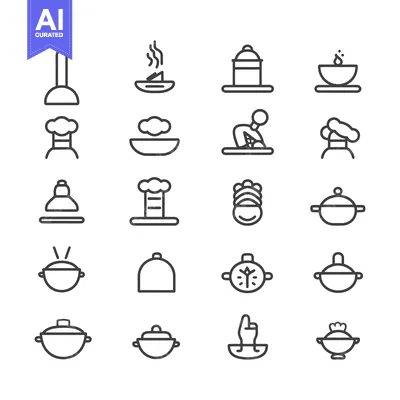 Set of 20 Line Icons of Various Cooking Utensils and Food Items