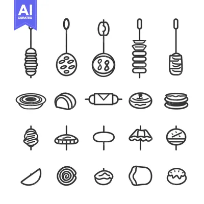 Aset desain premium: Set of 20 Line Icons of Various Food on Skewers and in Dishes