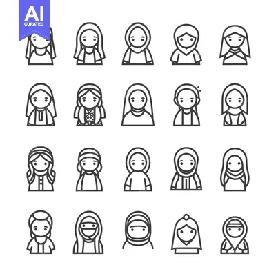 Aset premium populer: Set of 20 Line Icons of Women Wearing Hijab or Headscarves