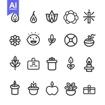 Set of 20 line icons related to nature, plants, and candles