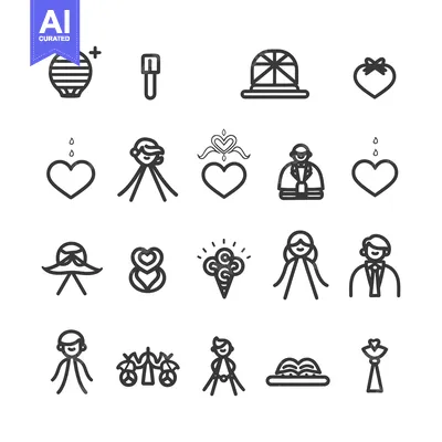 Set of 20 Love, Romance, and Wedding Themed Icons in Line Style