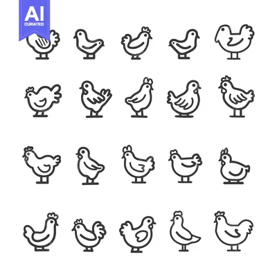 Set of 20 Outline Chicken Icons in Different Poses