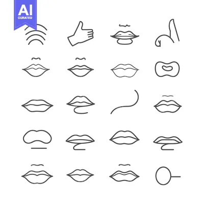 Set of 20 Outline Icons of Lips and Mouths