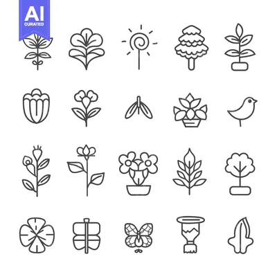 Aset premium populer: Set of 20 Outline Icons Related to Nature and Plants