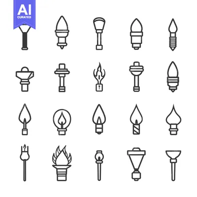 Set of 20 Outline Icons Representing Different Types of Flames and Lig