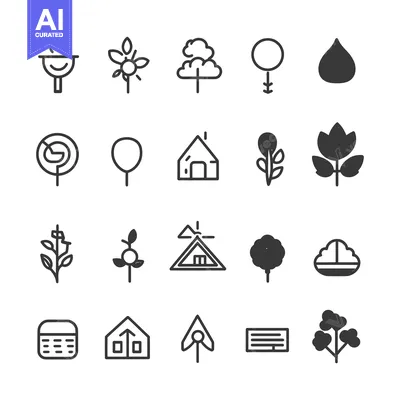 Set of 20 Simple Line Icons Related to Nature, Plants, and Houses