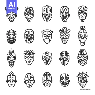 Aset premium populer: Set of 20 Traditional Tribal Masks in Line Art Style