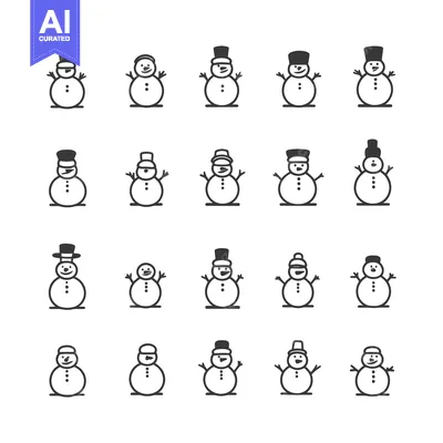 Set of 20 Unique Snowman Icons with Various Headwear and Expressions