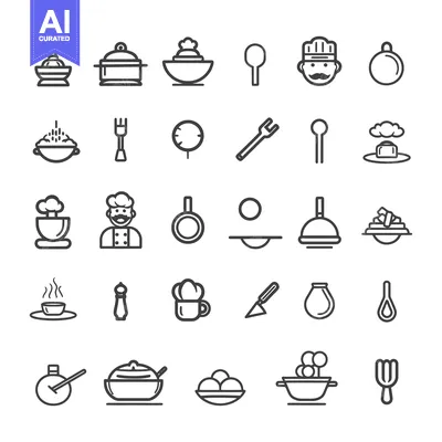Aset premium populer: Set of 24 Food and Cooking Related Line Icons