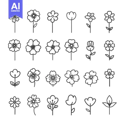 Aset desain premium: Set of 24 Line Art Flower Icons