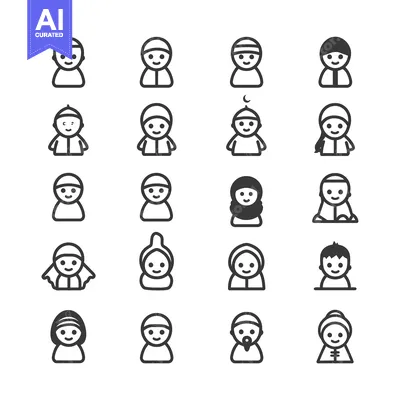 Aset premium populer: Set of 24 Line Icons Depicting People Wearing Traditional Islamic Head
