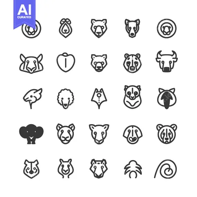 Set of 25 Animal Head Line Icons