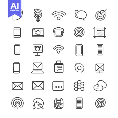 Aset premium populer: Set of 25 Black and White Line Icons for Technology and Communication