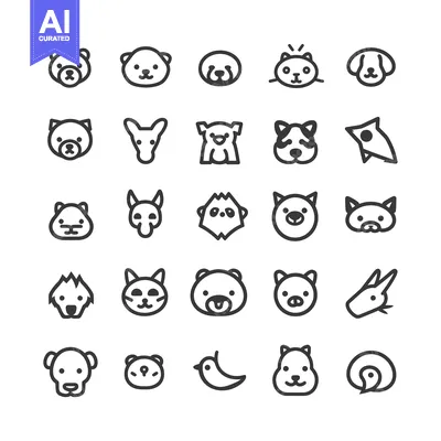 Set of 25 Cute Animal Face Icons in Outline Style