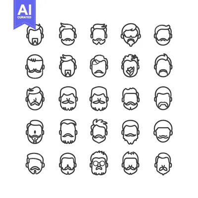 Aset premium populer: Set of 25 Line Icons of Different Hairstyles and Facial Hair for Men