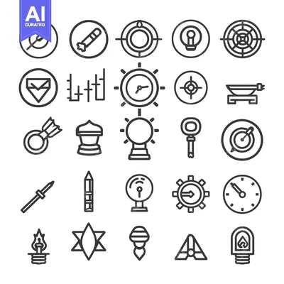 Set of 25 Line Icons Related to Aiming, Targeting, and Focus