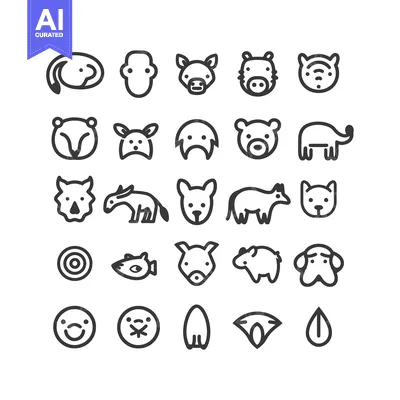 Set of 25 Line Icons Representing Different Animal Species