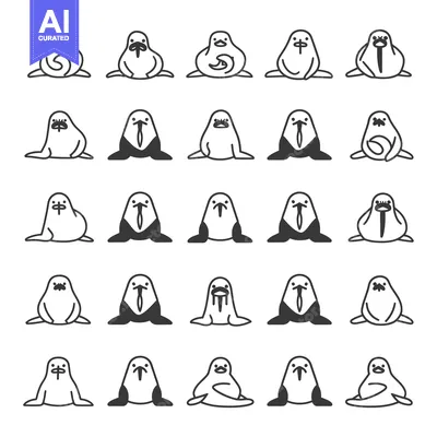 Aset premium populer: Set of 25 Simple Walrus Line Icons in Black and White