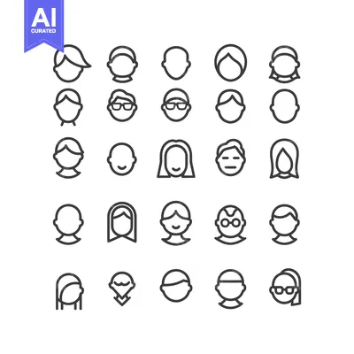 Aset premium populer: Set of 28 Line Icons Representing Human Heads with Different Hair Styl