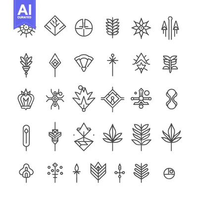 Aset desain premium: Set of 30 Geometric Minimalist Line Icons with Natural, Abstract, and