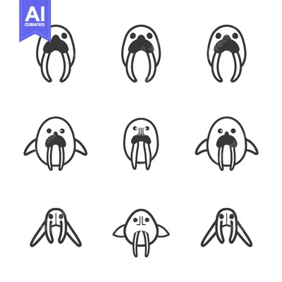 Set of 9 Line Drawings of Cartoon Walruses in Various Poses
