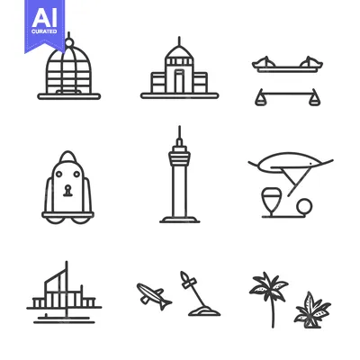 Set of 9 Line Icons Depicting Various Architectural and Travel-Related