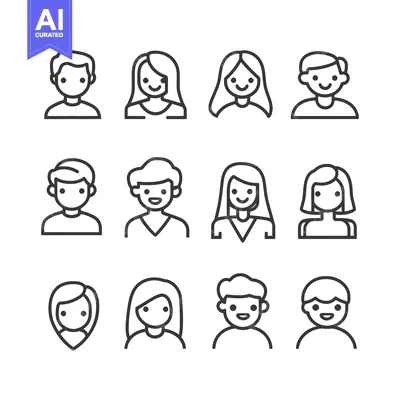 Set of 9 Line Icons for Male and Female User Profile Avatars