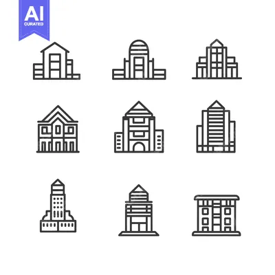Set of 9 Outline Building Icons in Black and White