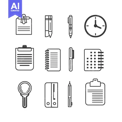 Premium design asset: Set of 9 Stationery Icons, Including Pens, Clipboards, and Notebooks