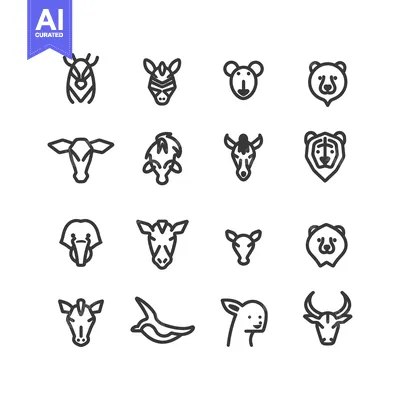 Set of Animal Head Icons in Outline Style